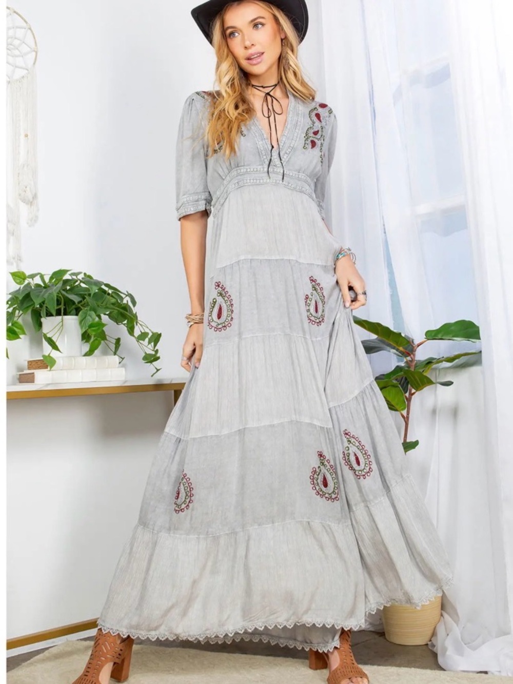 Boho Embroidered Maxi Dress in Light Gray